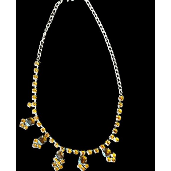 Jewelry - Silver & Yellow and amber colored Rhinestone 16” Necklace & Bracelet Set Adjusta
